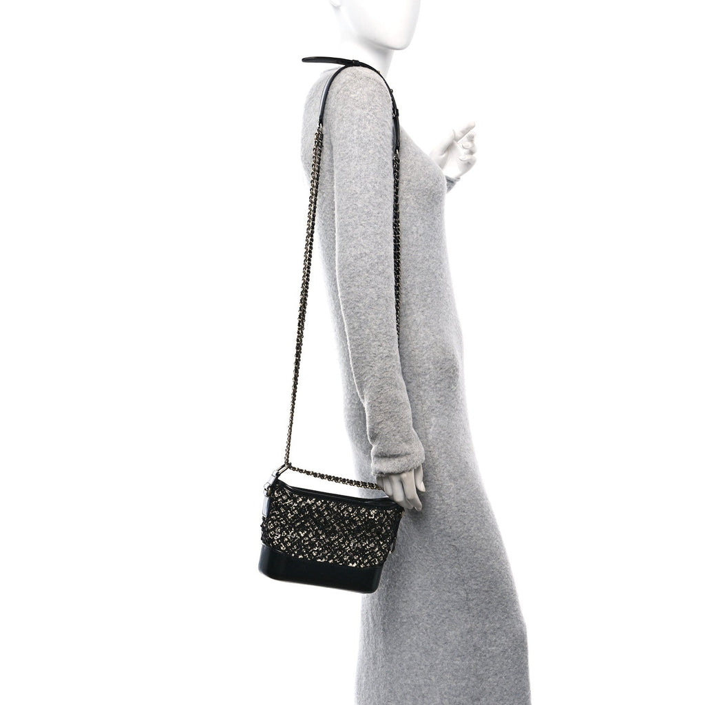 Tweed Sequin Calfskin Small Gabrielle Hobo Beige Black