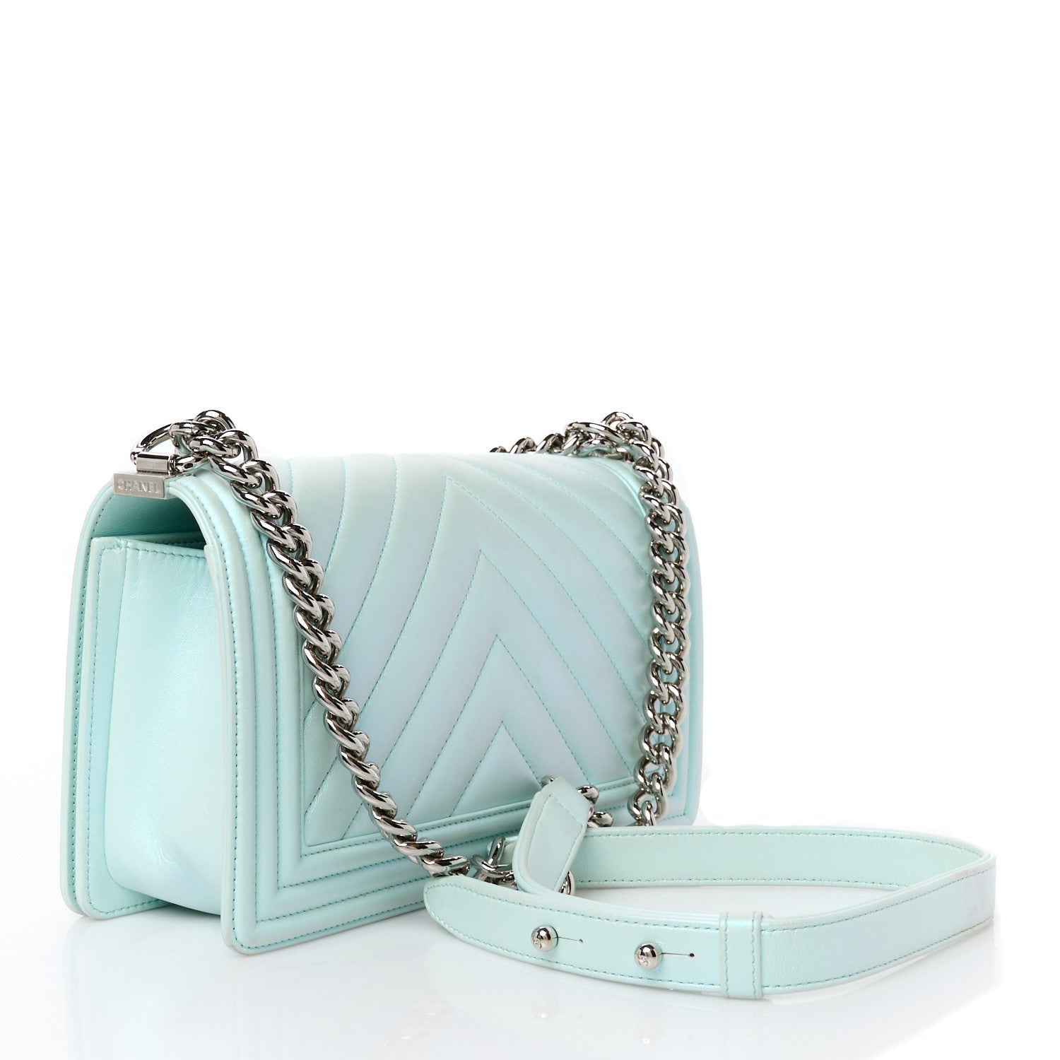 Iridescent Lambskin Chevron Quilted Medium Boy Flap Turquoise