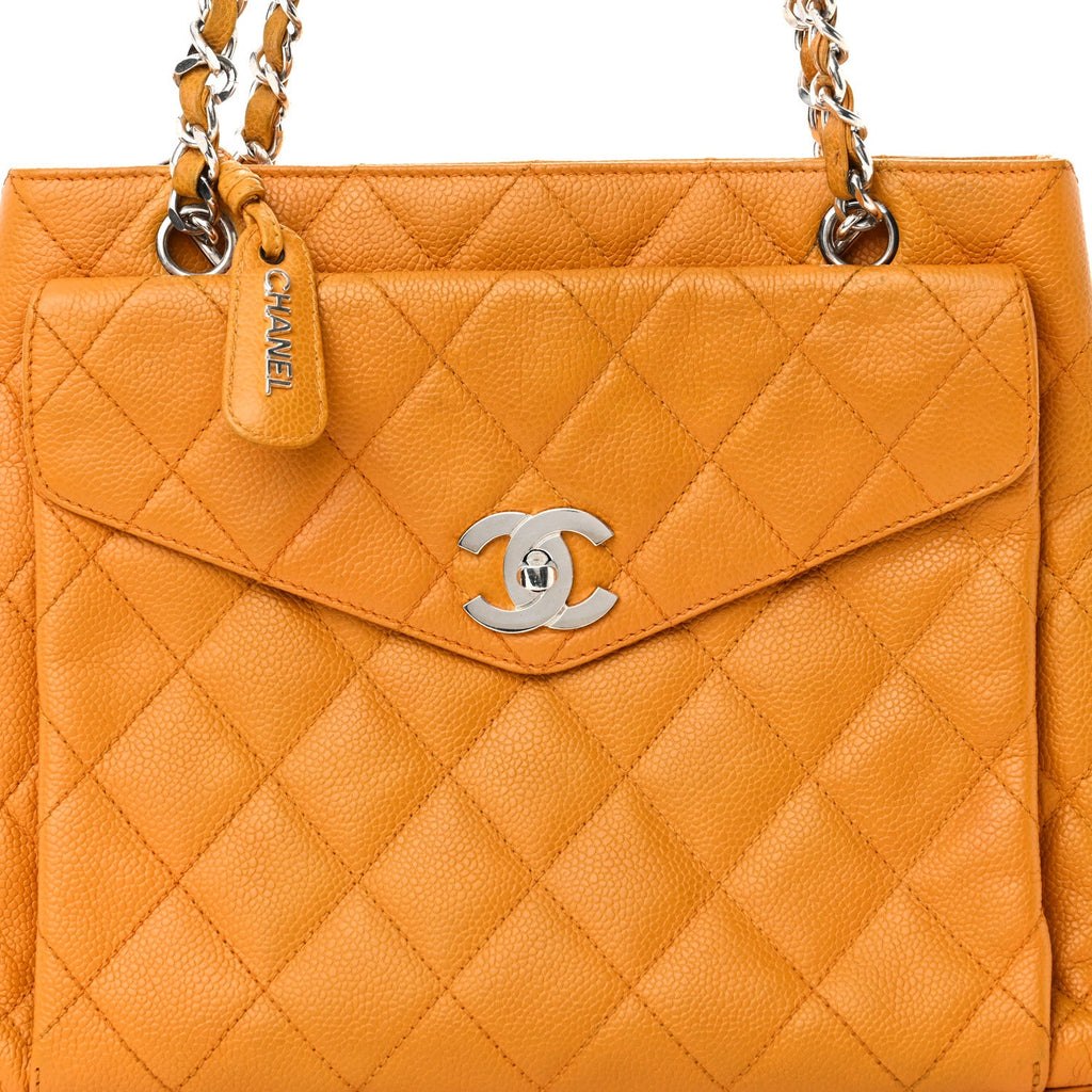 Caviar Quilted Pocket Shopping Tote Orange