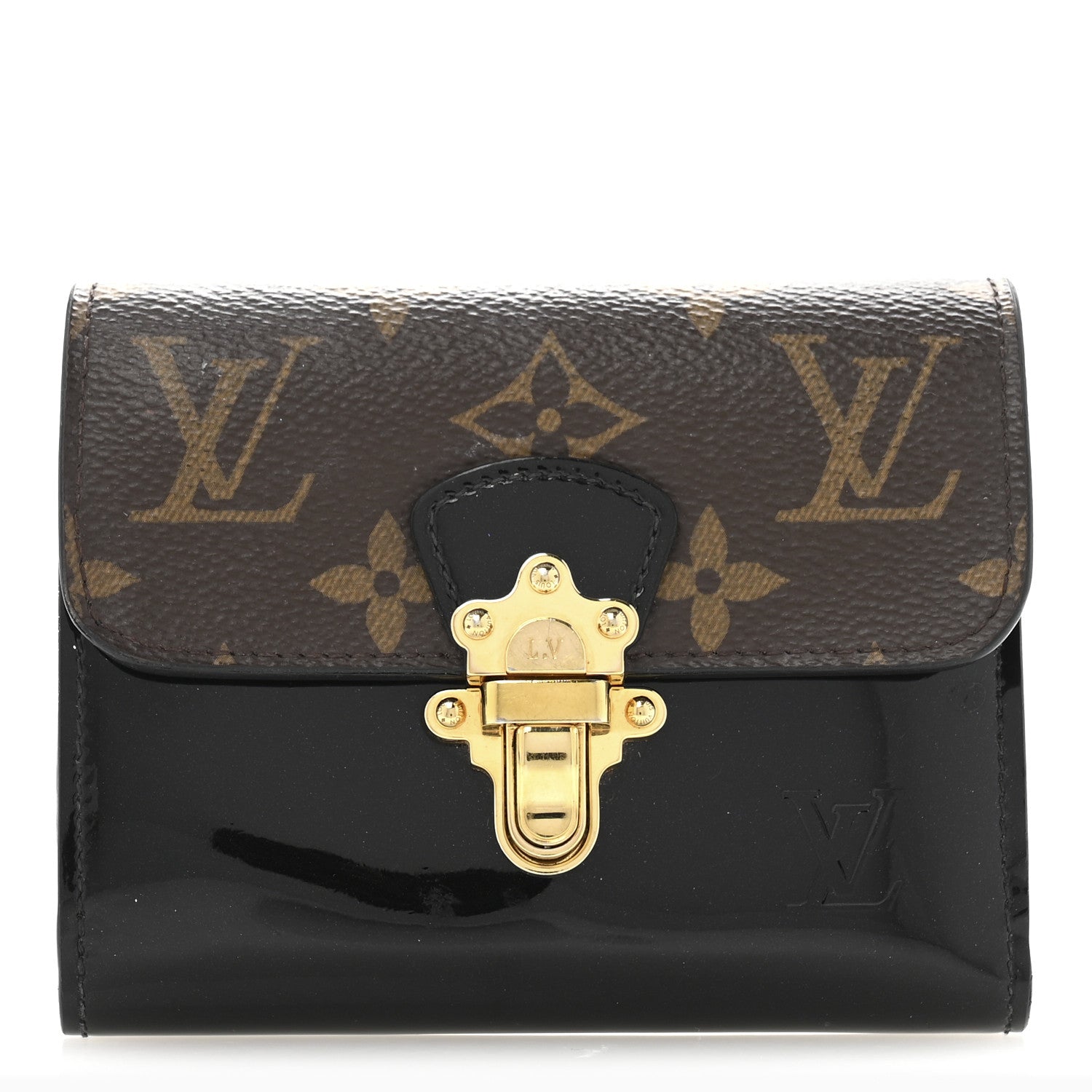 Patent Calfskin Monogram Cherrywood Compact Wallet Black
