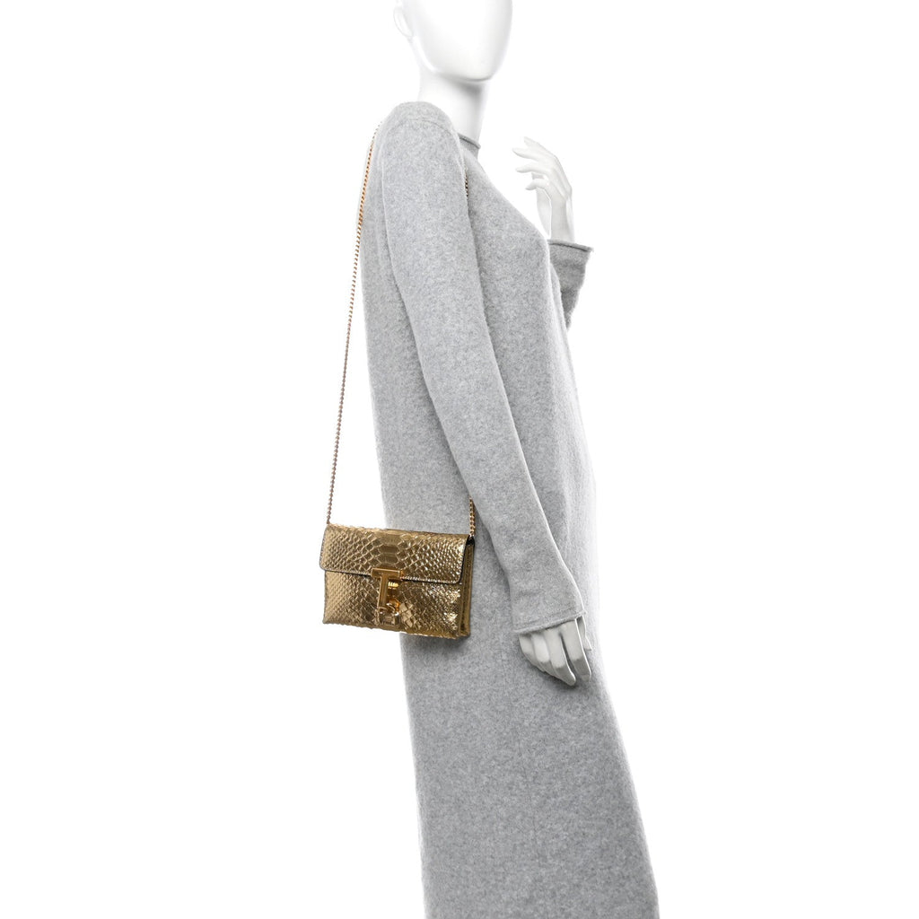Laminated Snakeskin Embossed Mini Monarch Bag Dark Gold