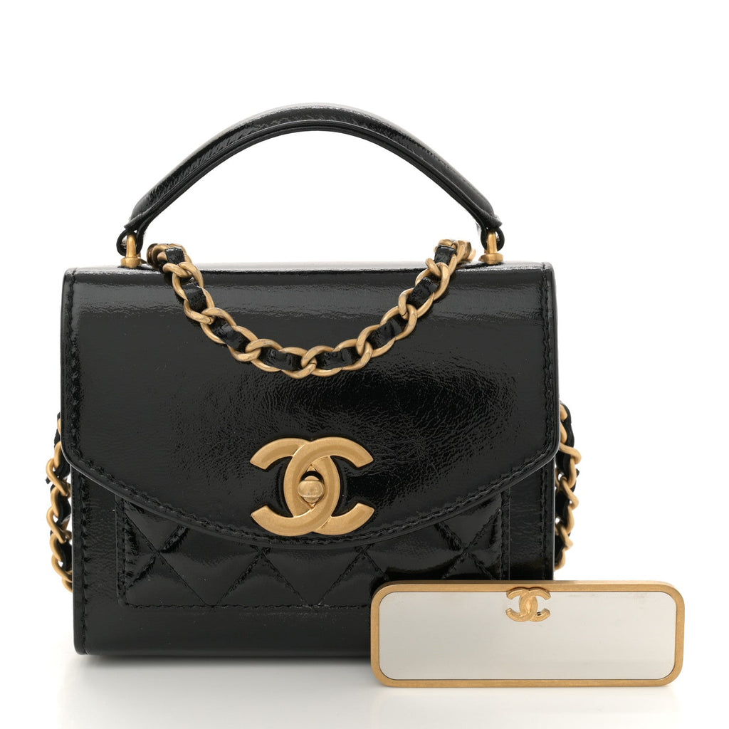 Shiny Lambskin Quilted Top Handle  Holder On Chain Black