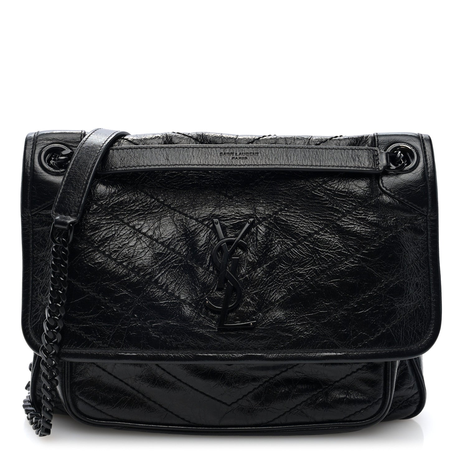 Crinkled Calfskin Matelasse Monogram Medium Niki Chain Satchel Black