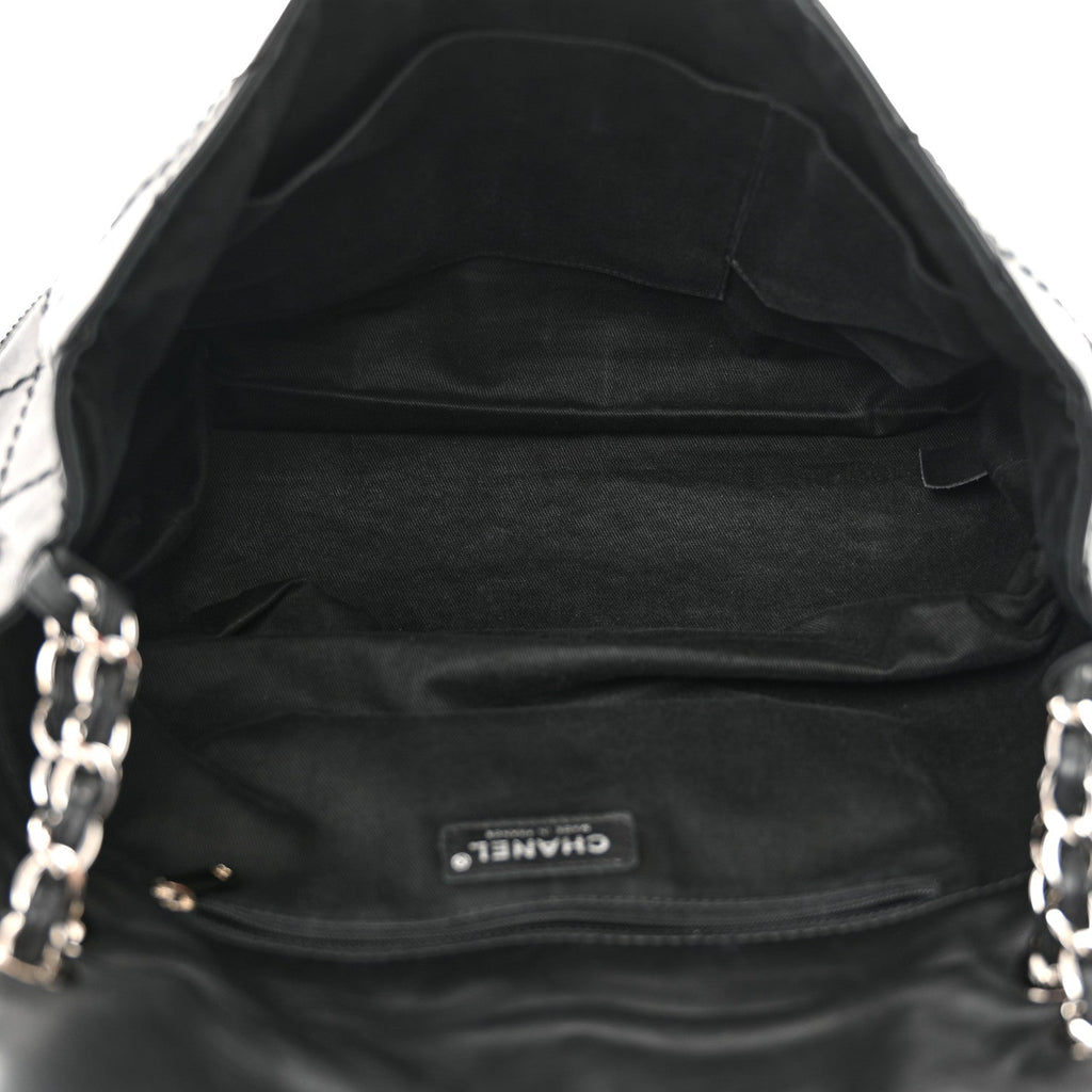 Calfskin Stitched Large Expandable Flap Bag Black