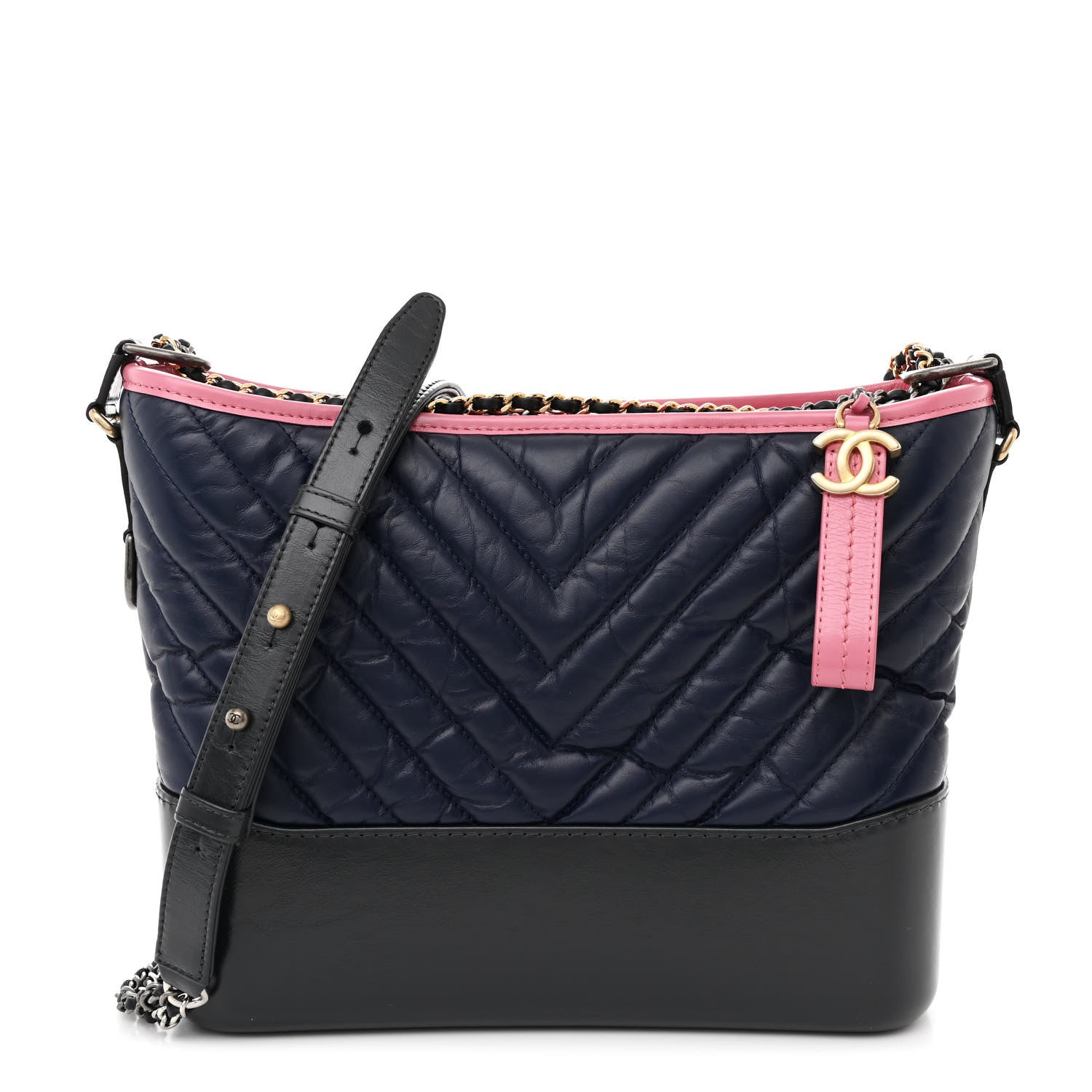 Aged Calfskin Chevron Quilted Medium Gabrielle Hobo Navy Black Pink