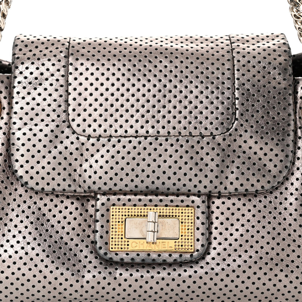 Metallic Crackled Calfskin Perforated Drill Shoulder Bag Silver