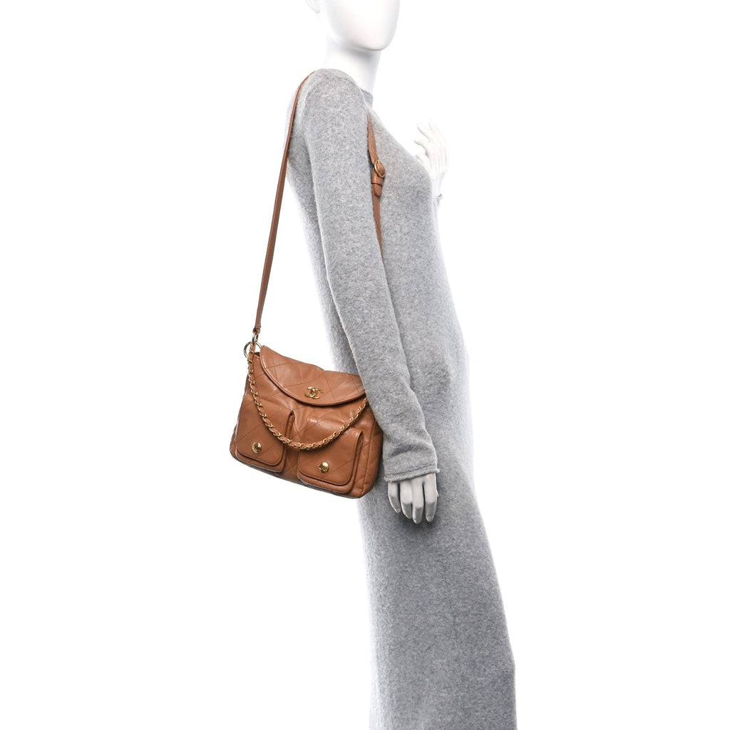 Shiny Calfskin Quilted Supple Twins Small Hobo Bag Brown