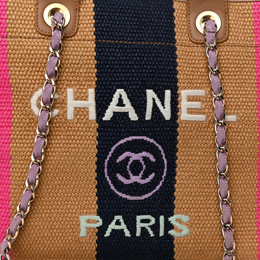 Straw Raffia Calfskin Striped Medium Deauville Tote Dark Beige Fuchsia Navy Blue