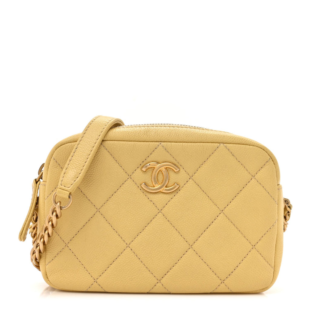 Shiny Caviar Quilted Chain Melody Camera Bag Yellow
