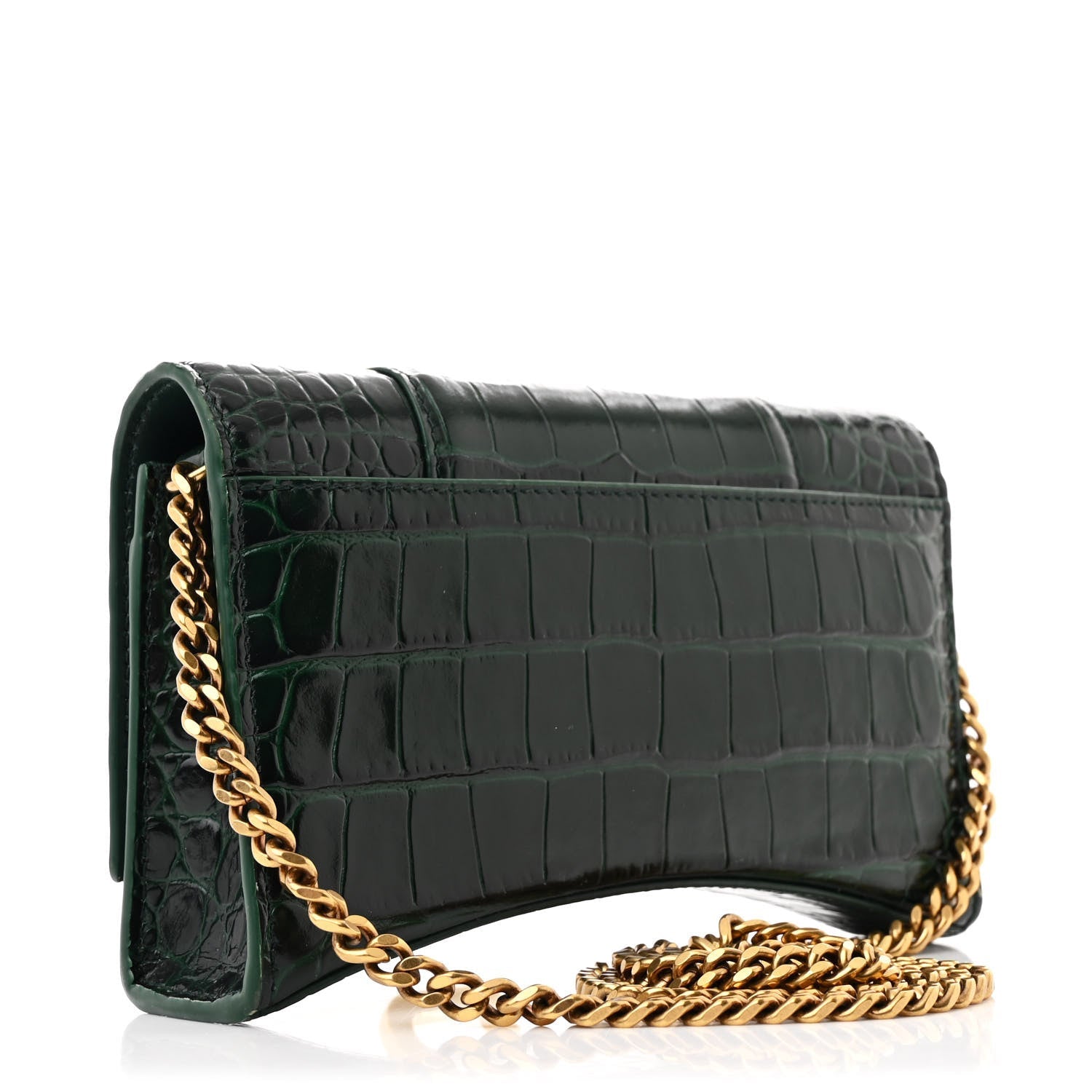 Shiny Calfskin Crocodile Embossed Hourglass Chain Bag Forest Green