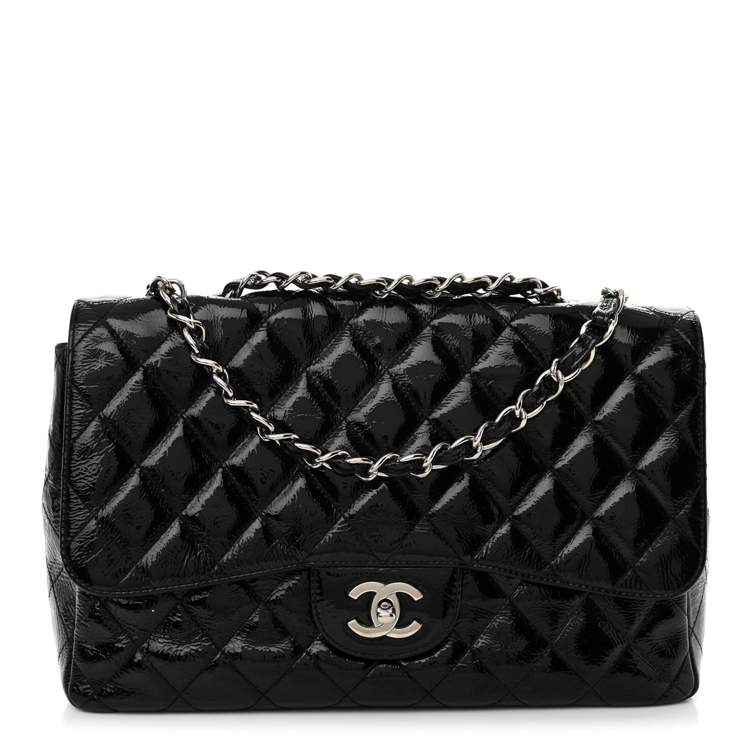 Crinkled Patent Quilted Jumbo Single Flap Black