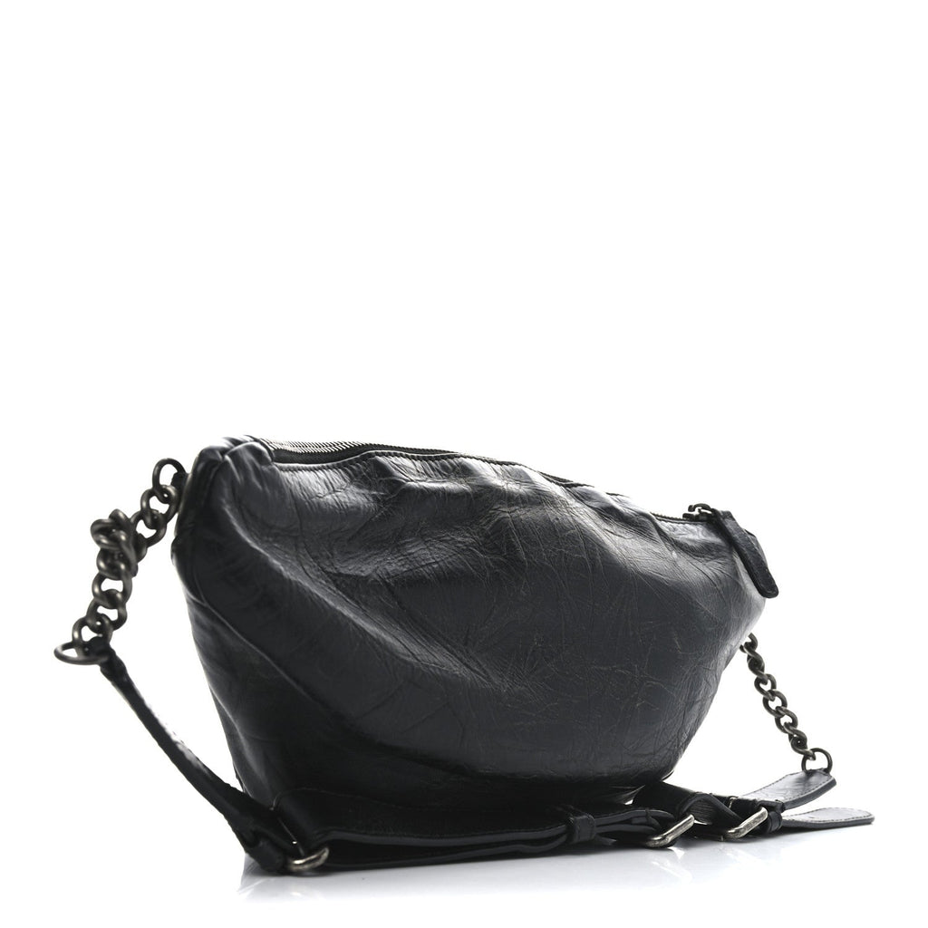 Crumpled Calfskin Quilted Casual Rock Waist Bag Fanny Pack Black