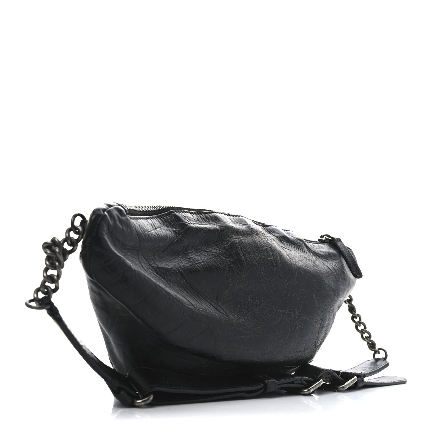 Crumpled Calfskin Quilted Casual Rock Waist Bag Fanny Pack Black