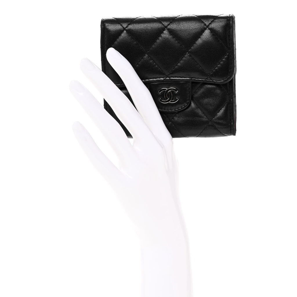 Lambskin Quilted Tri-Fold Flap Wallet Black