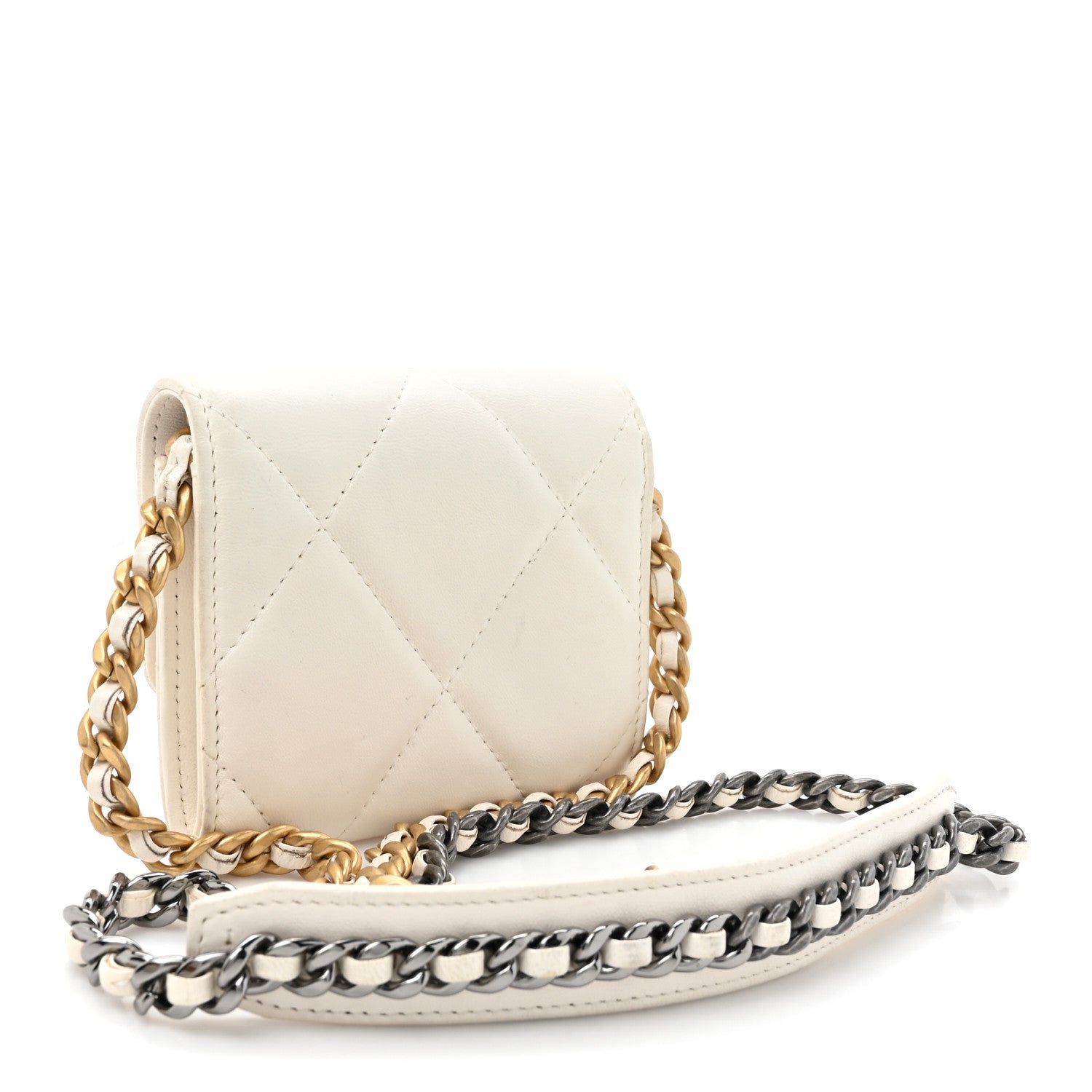 Lambskin Quilted Chanel 19 Flap Coin Purse With Chain White