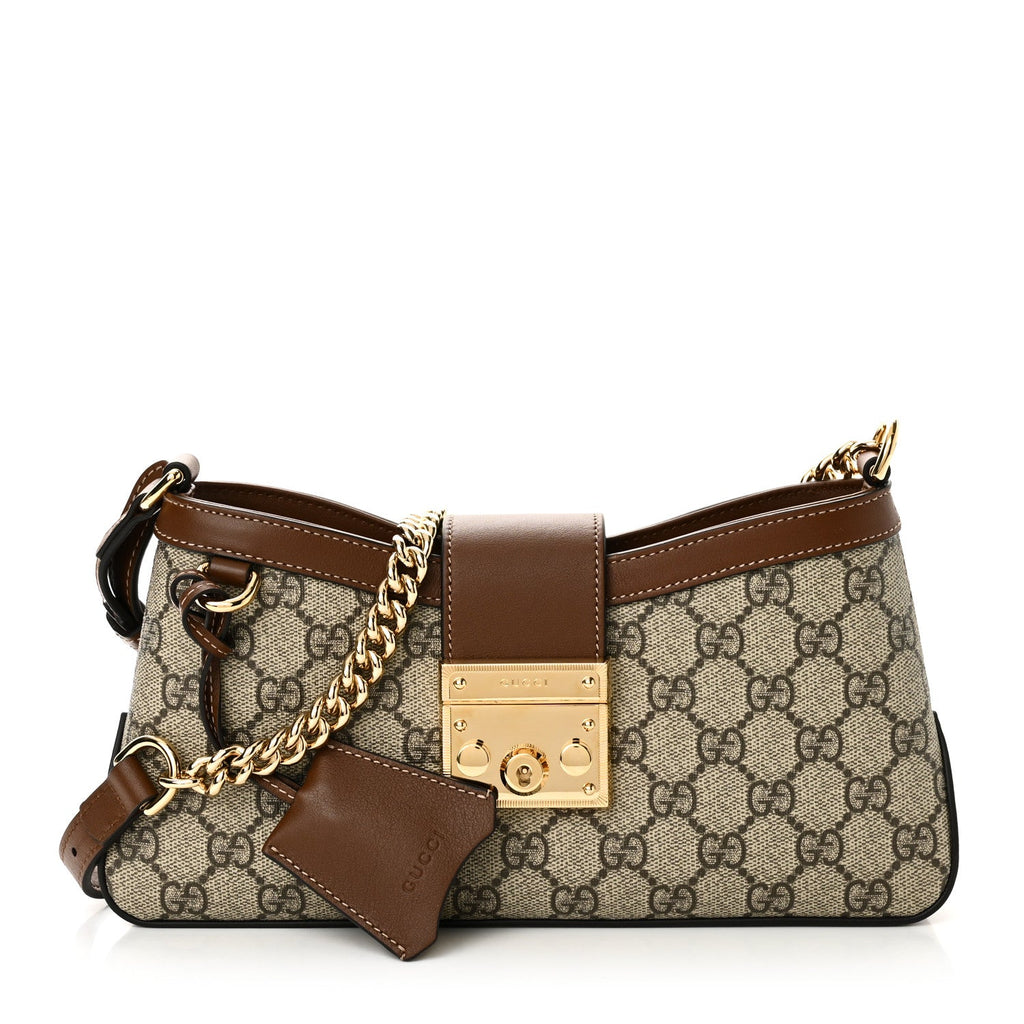 GG Supreme Monogram Calfskin Small Padlock Chain Shoulder Bag Beige Ebony Brown Sugar