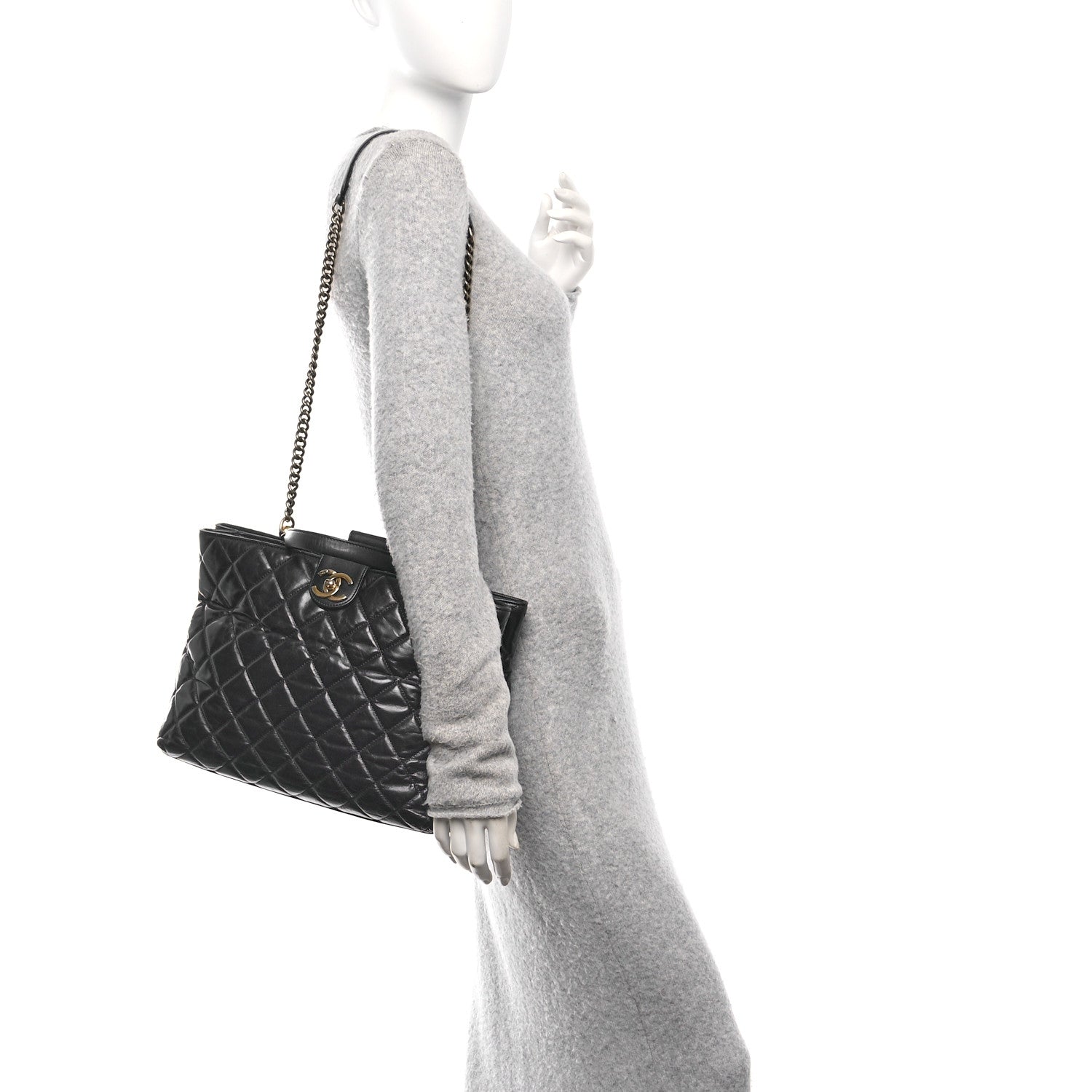 Calfskin Quilted Large Gold Bar Top Handle Tote Dark Navy Blue