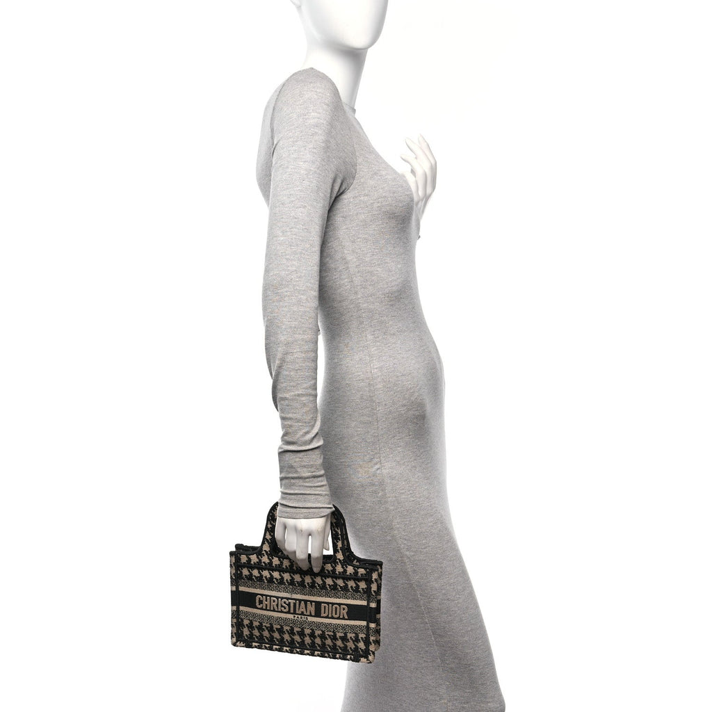 Canvas Houndstooth Embroidered Mini Book Tote Black
