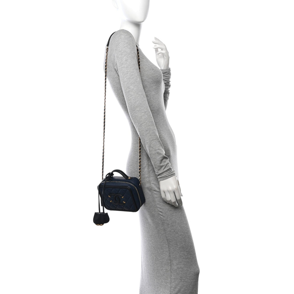Caviar Quilted Small CC Filigree Vanity Case Navy Black
