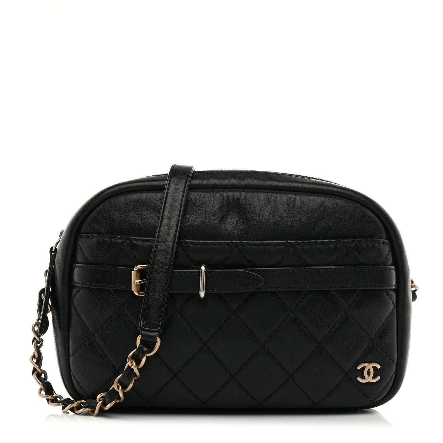 Lambskin Quilted Medium Buckle Camera Case Bag Black