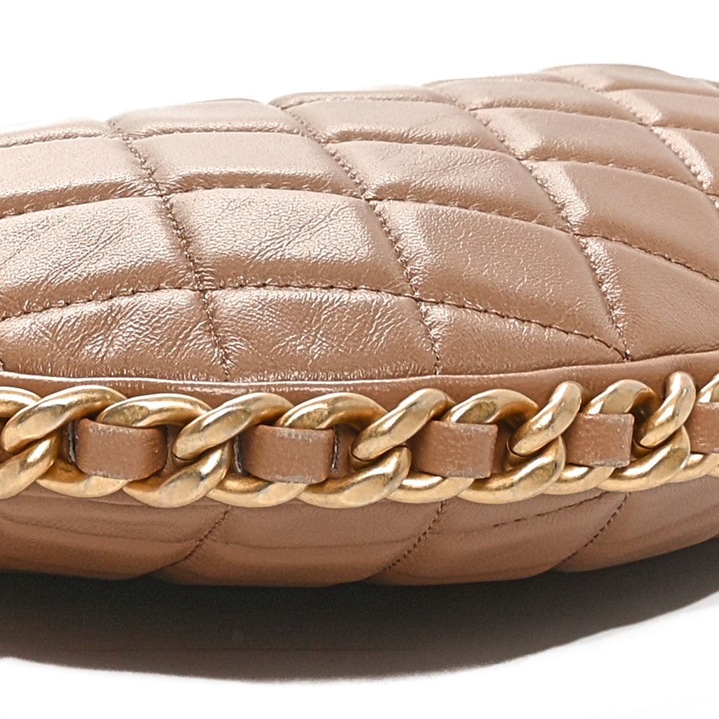 Shiny Crumpled Lambskin Quilted Large Trendy Chain Around Hobo Dark Beige