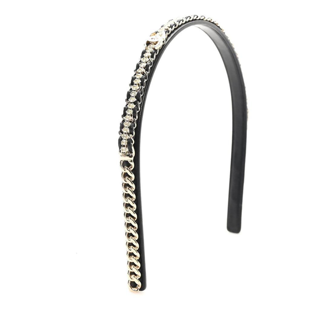 Metal Lambskin Crystal CC Chain Headband Gold Black