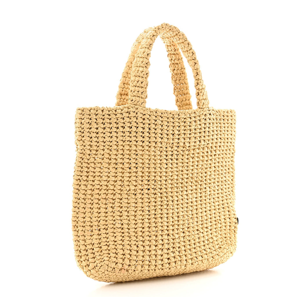 Yarn Raffia Effect Crochet Embroidered Small Logo Tote Naturale