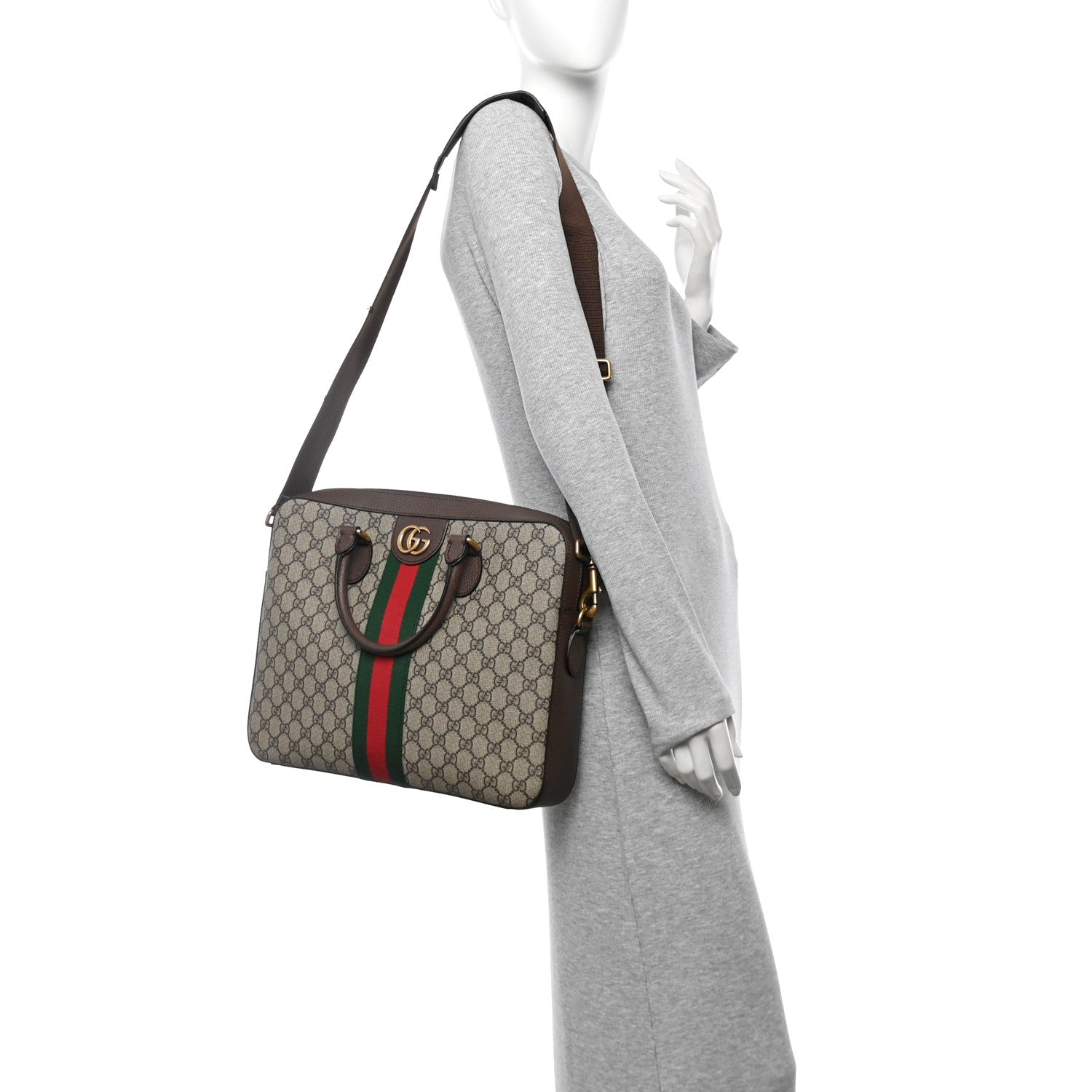 GG Supreme Monogram Textured Calfskin Web Medium Ophidia Briefcase Beige Ebony New Acero