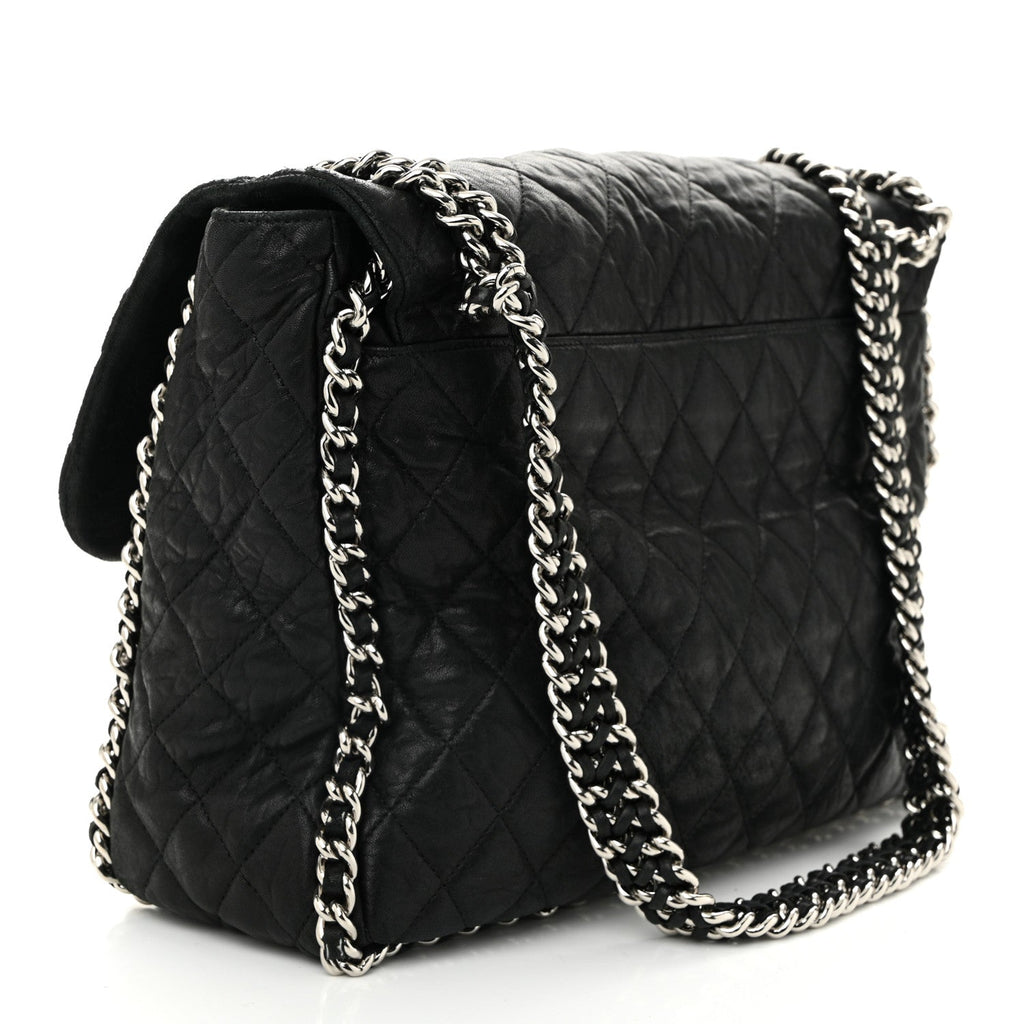 Washed Lambskin Quilted Maxi Chain Around Flap Black