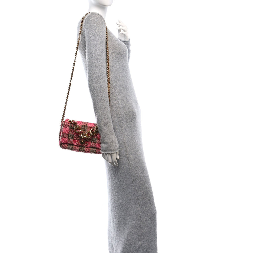 Wool Tweed Quilted Small Elegant Chain Flap Pink Brown