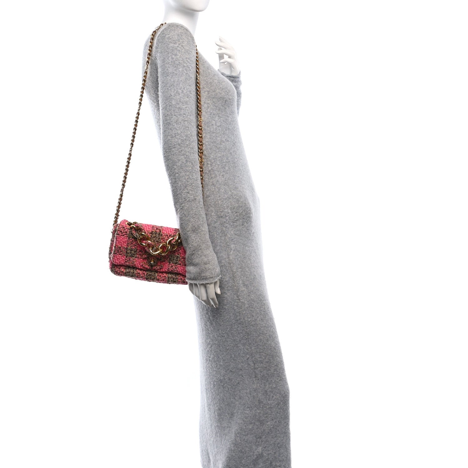 Wool Tweed Quilted Small Elegant Chain Flap Pink Brown