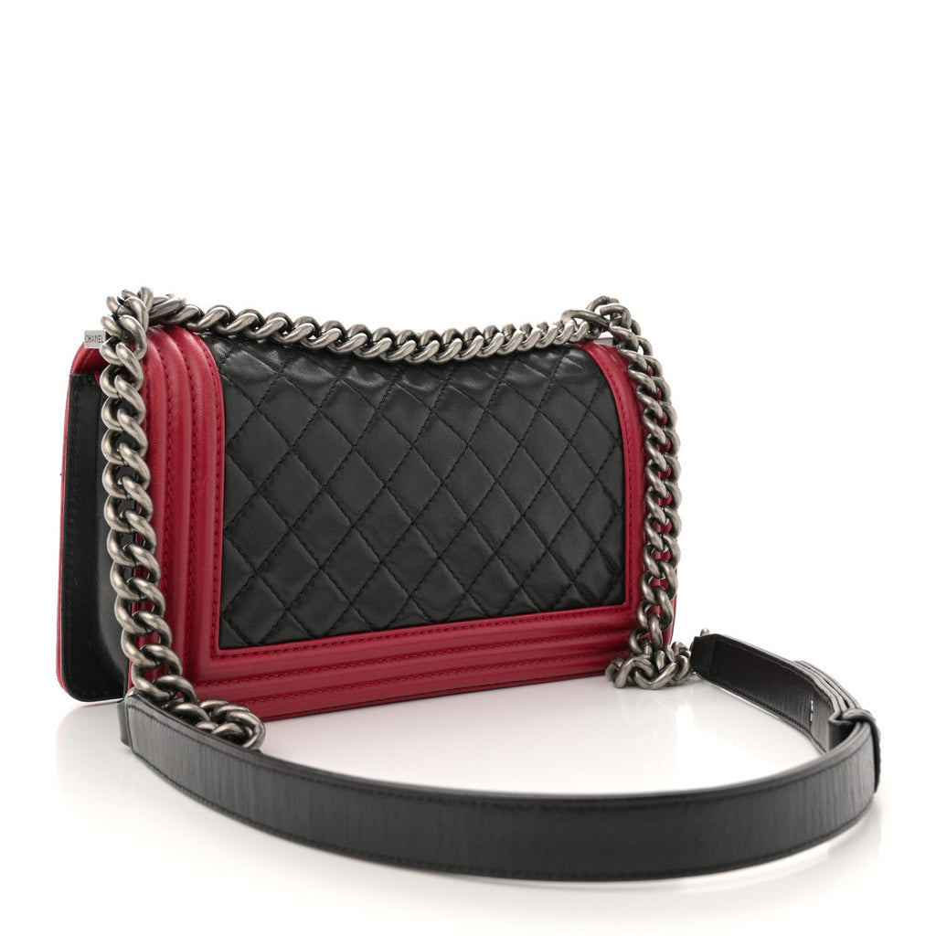 Lambskin Quilted Medium Boy Flap Black Red
