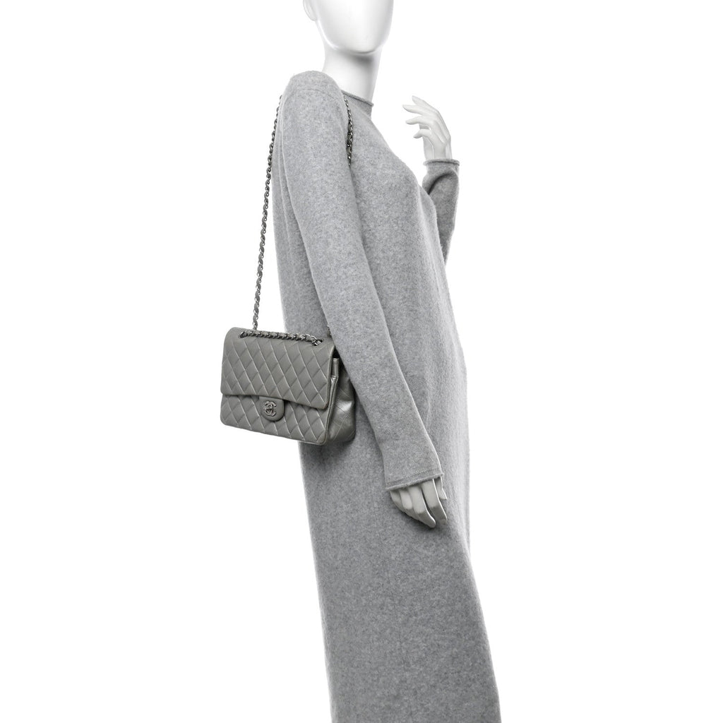 Metallic Lambskin Quilted Medium Double Flap Silver