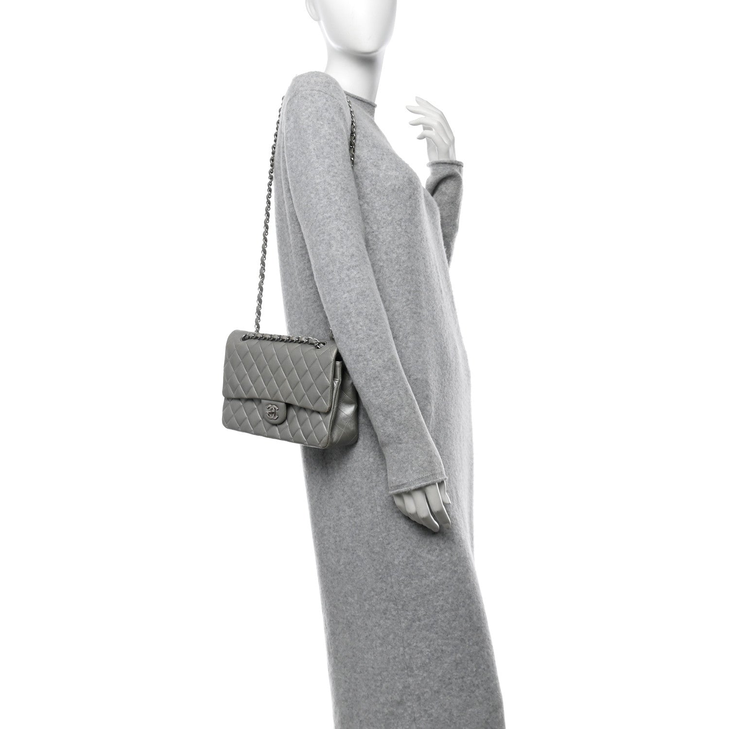 Metallic Lambskin Quilted Medium Double Flap Silver