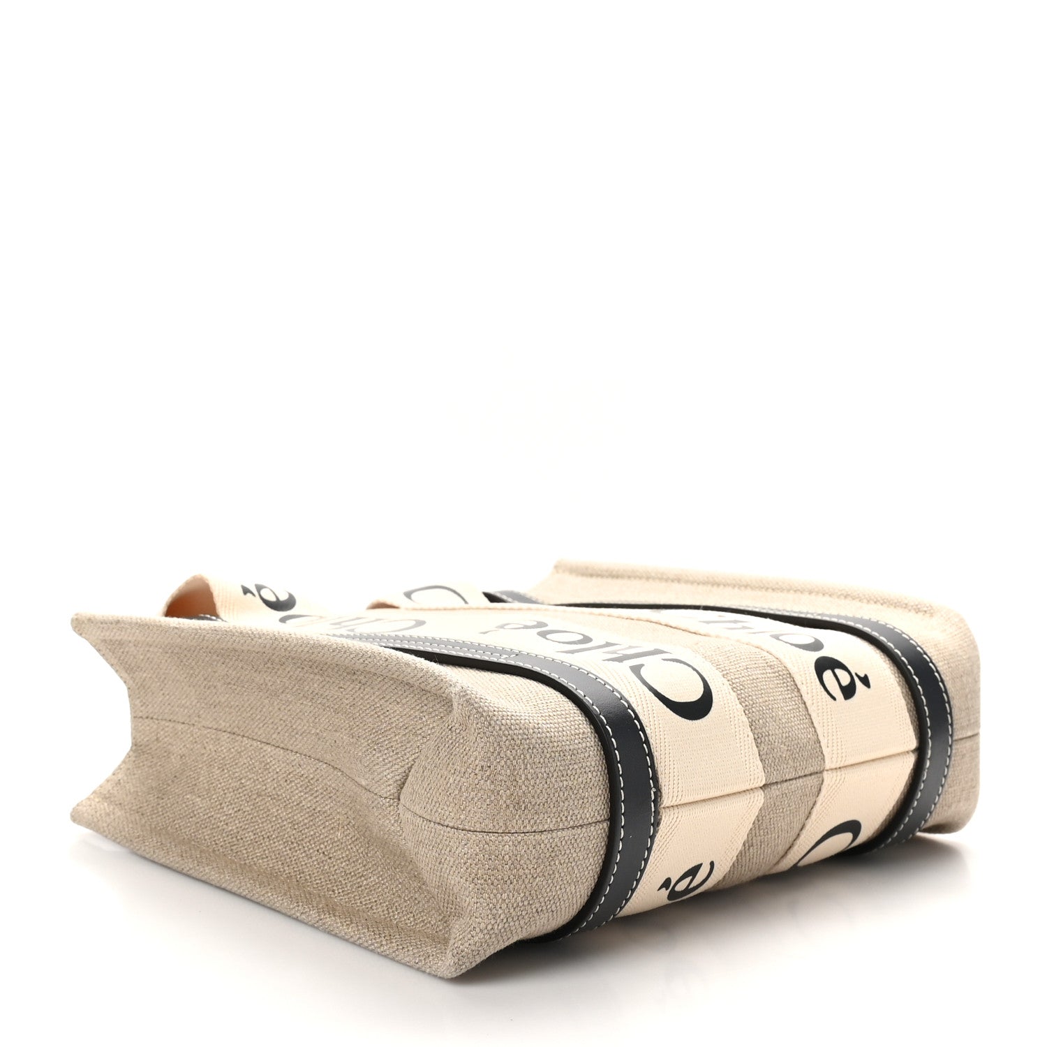 Linen Calfskin Small Woody Ribbon Tote With Strap White Navy