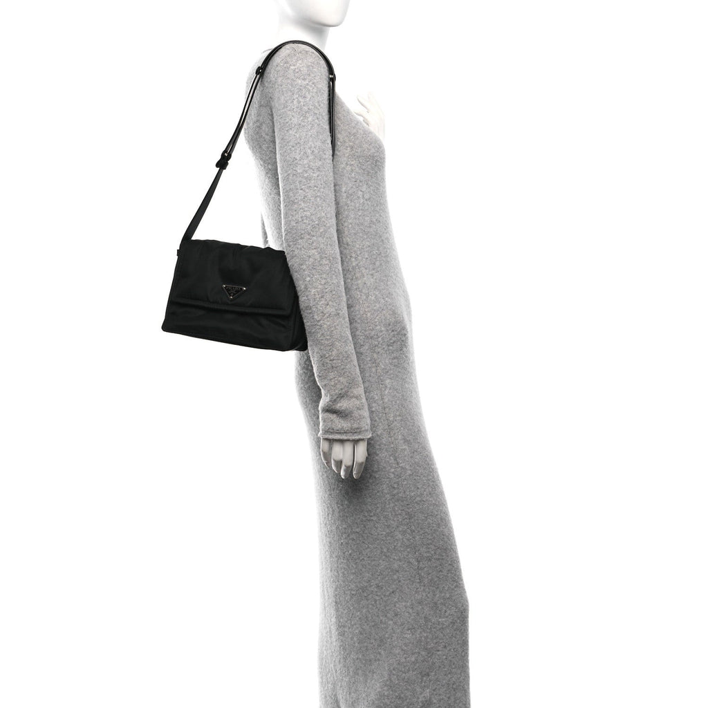 Re-Nylon Vitello Padded Small Flap Shoulder Bag Black