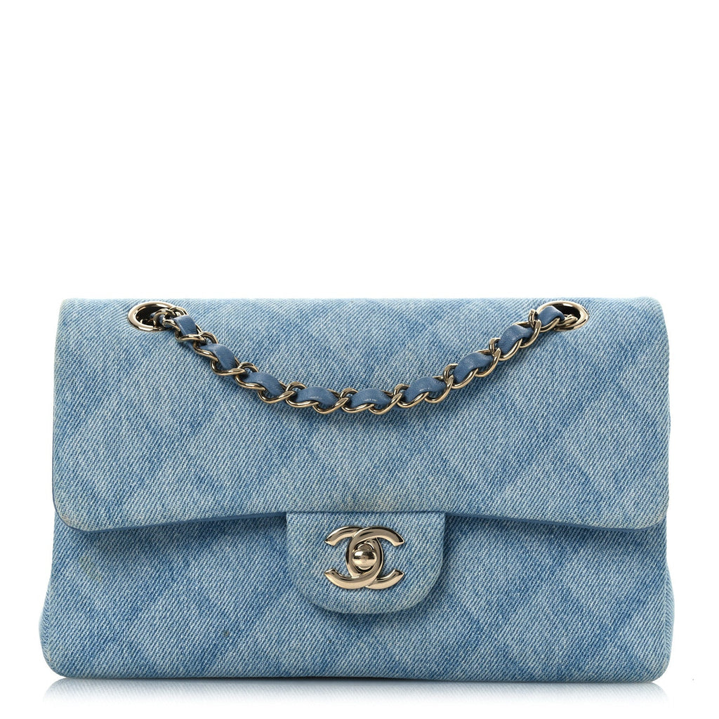 Printed Denim Quilted Mini Rectangular Flap Light Blue