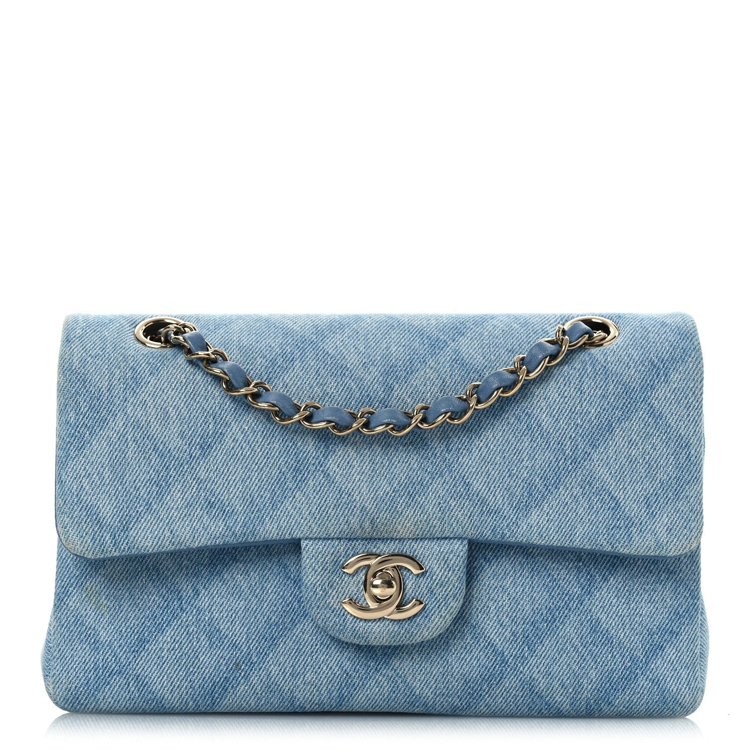 Printed Denim Quilted Mini Rectangular Flap Light Blue