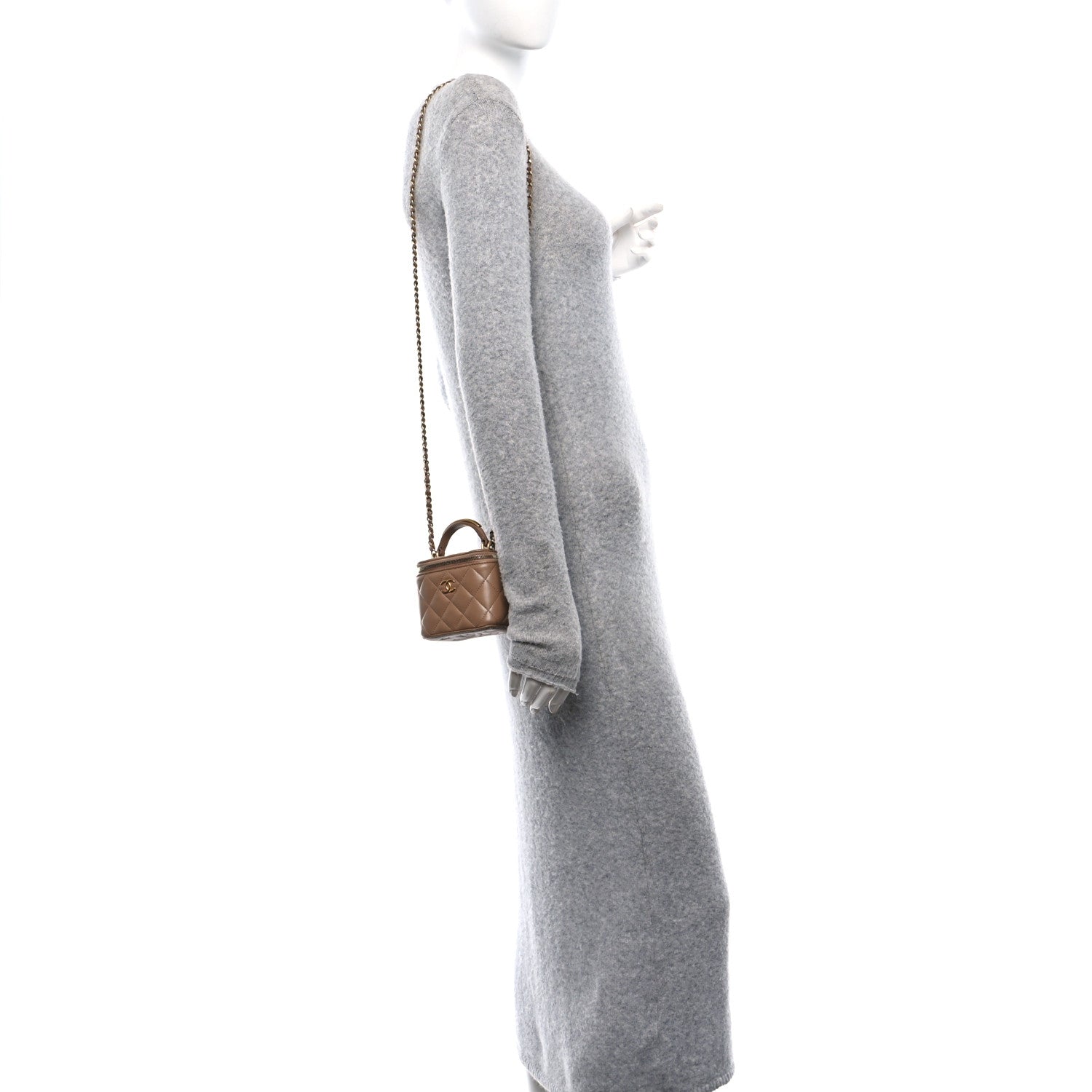 Lambskin Quilted Metal Mini Top Handle Vanity Case With Chain Beige