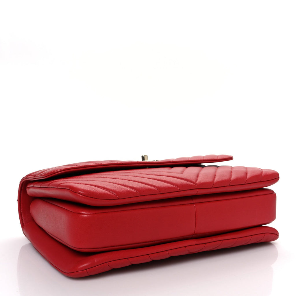 Lambskin Chevron Quilted Medium Trendy CC Dual Handle Flap Bag Red