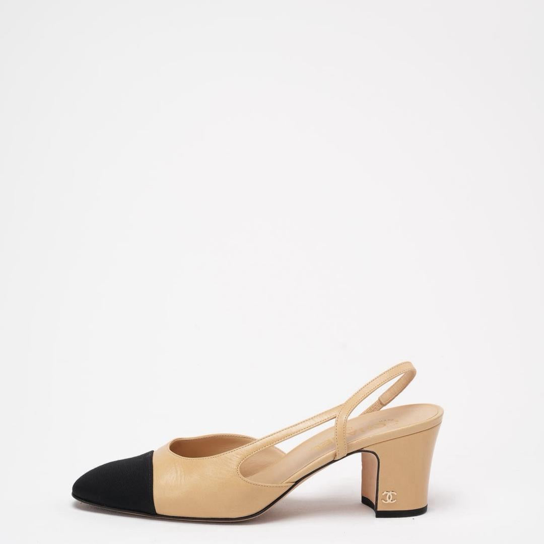 Chanel Black / Beige Cap Toe Slingback 39.5