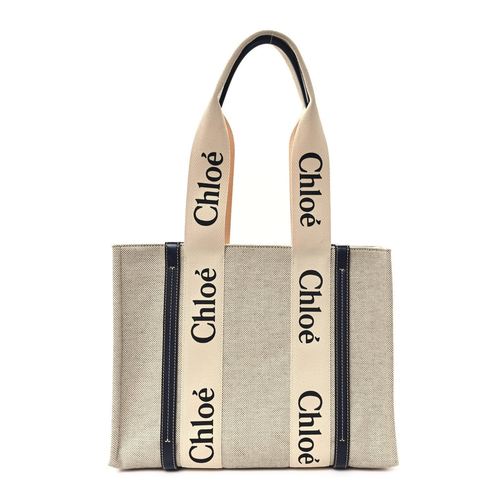 Linen Calfskin Medium Woody Ribbon Tote White Blue