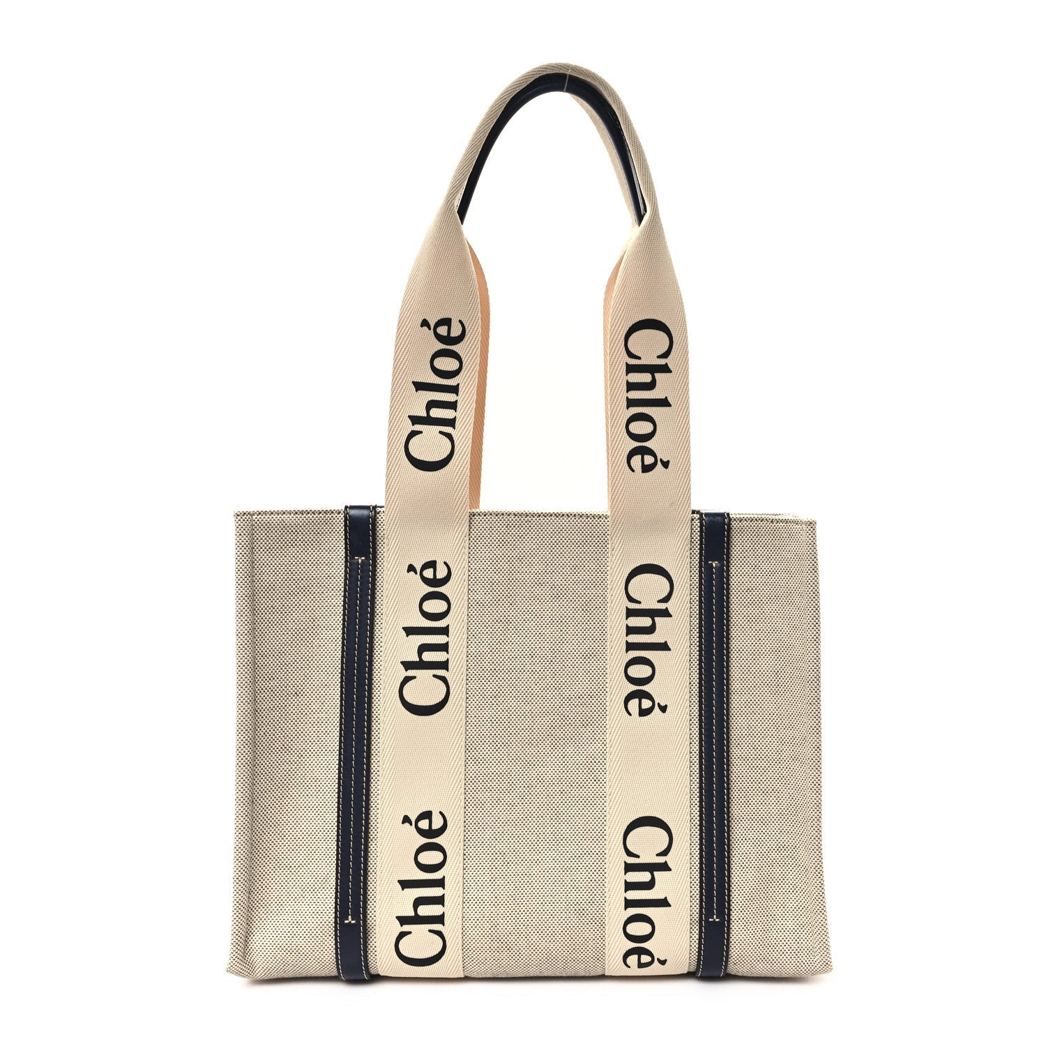 Linen Calfskin Medium Woody Ribbon Tote White Blue