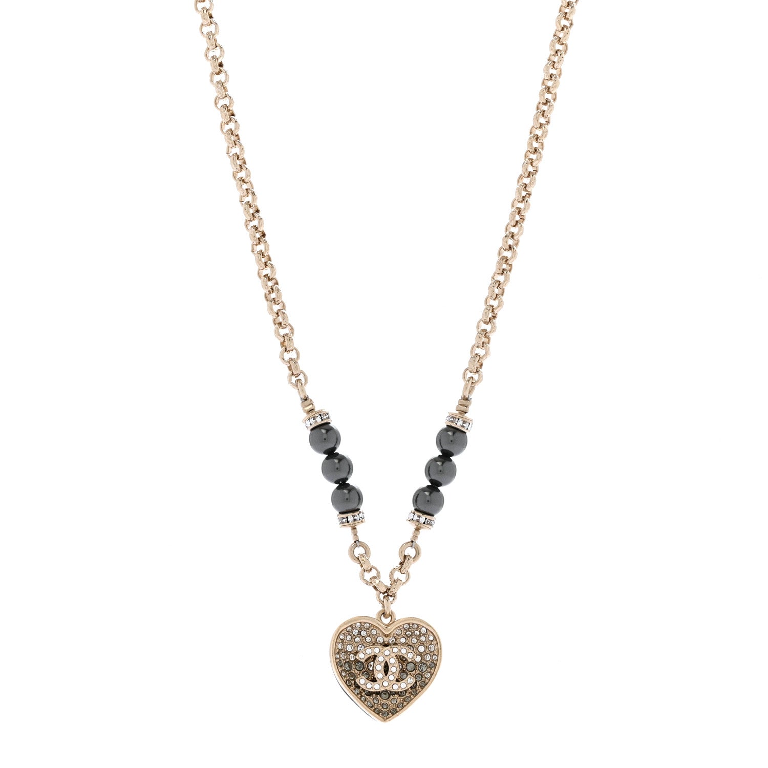 Pearl Resin Crystal Heart CC Pendant Chain Necklace Ruthenium Light Gold