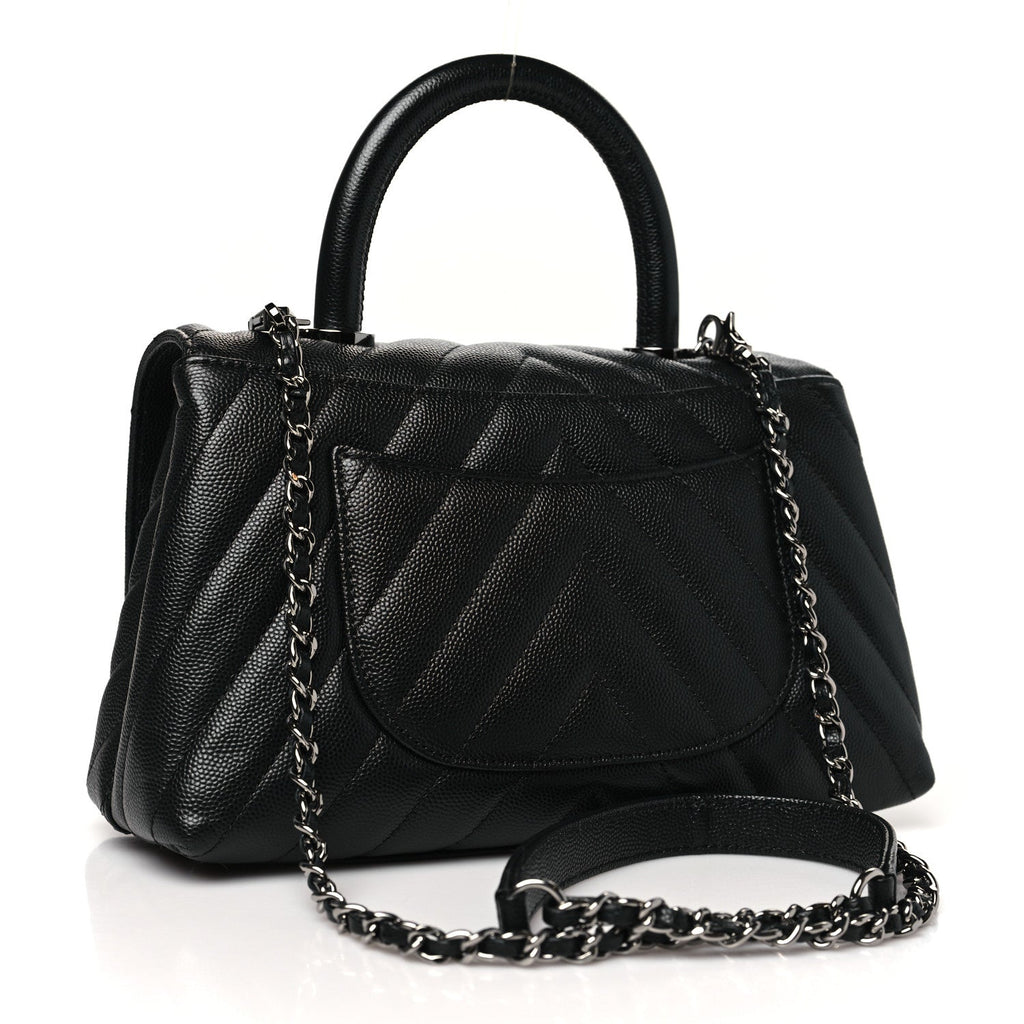 Caviar Chevron Quilted Mini Coco Handle Flap Black