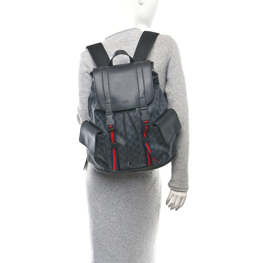 Soft GG Supreme Monogram Calfskin Web Double Buckle Backpack Black