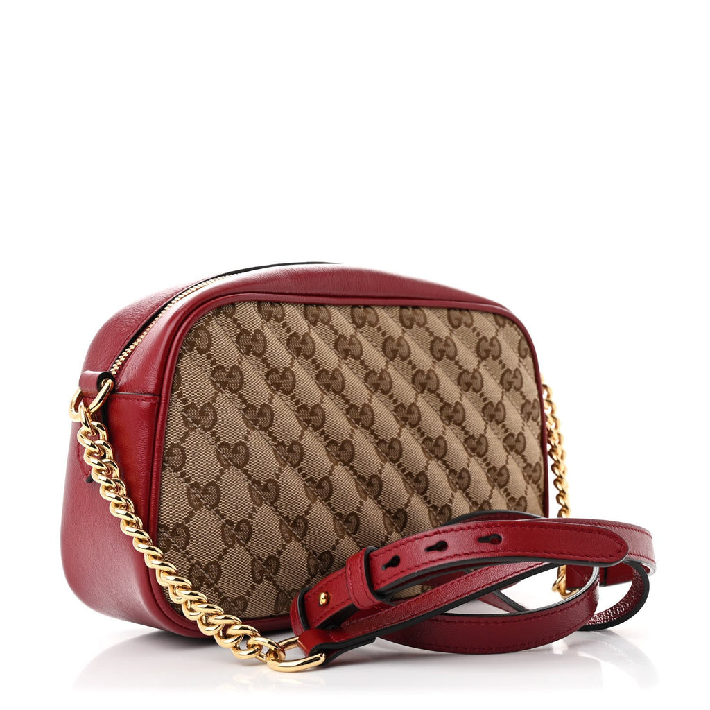 Monogram Azalea Calfskin Matelasse Diagonal Small GG Marmont Chain Shoulder Bag Beige Ebony New Cherry Red