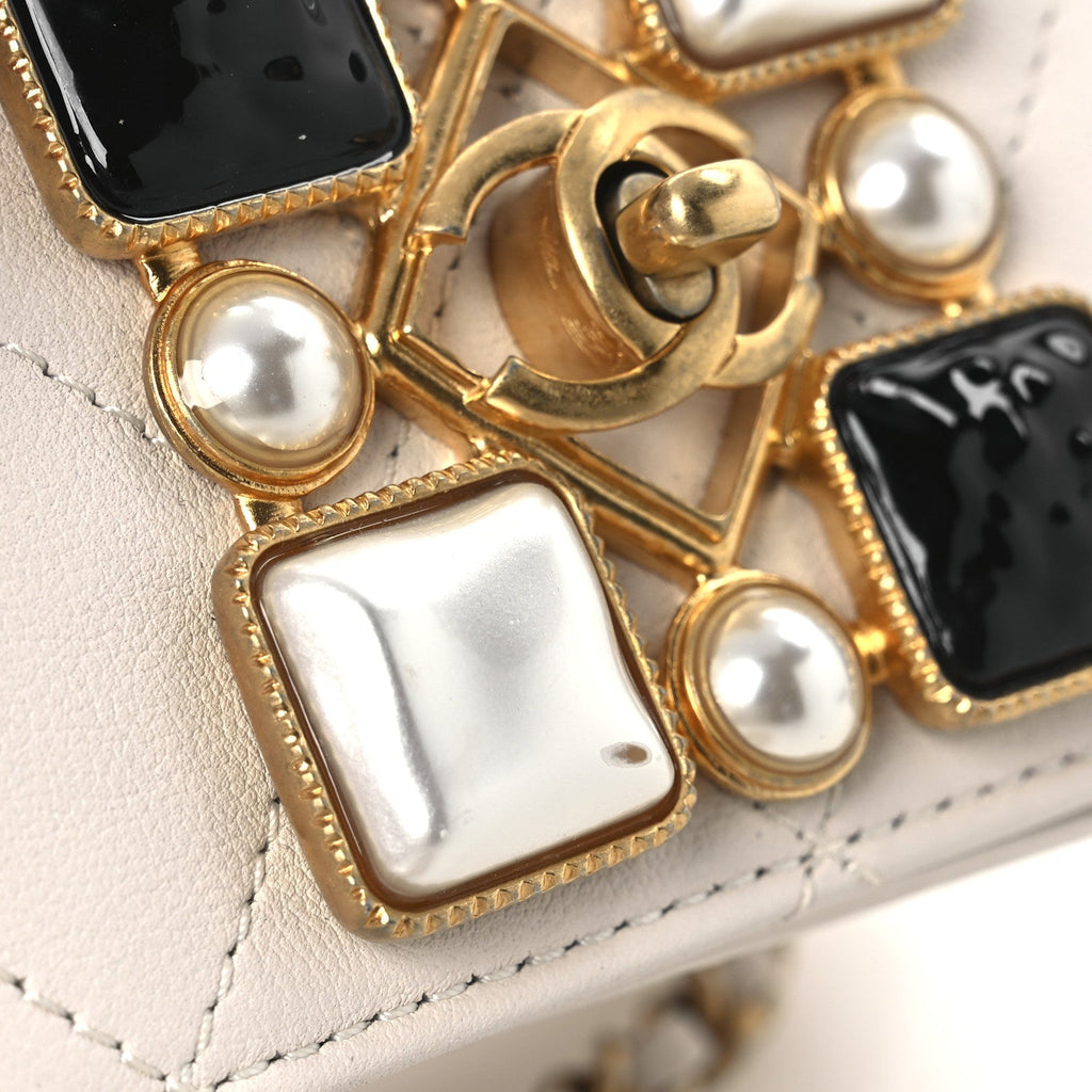 Calfskin Quilted Crystal Pearl Mini Flap Bag White
