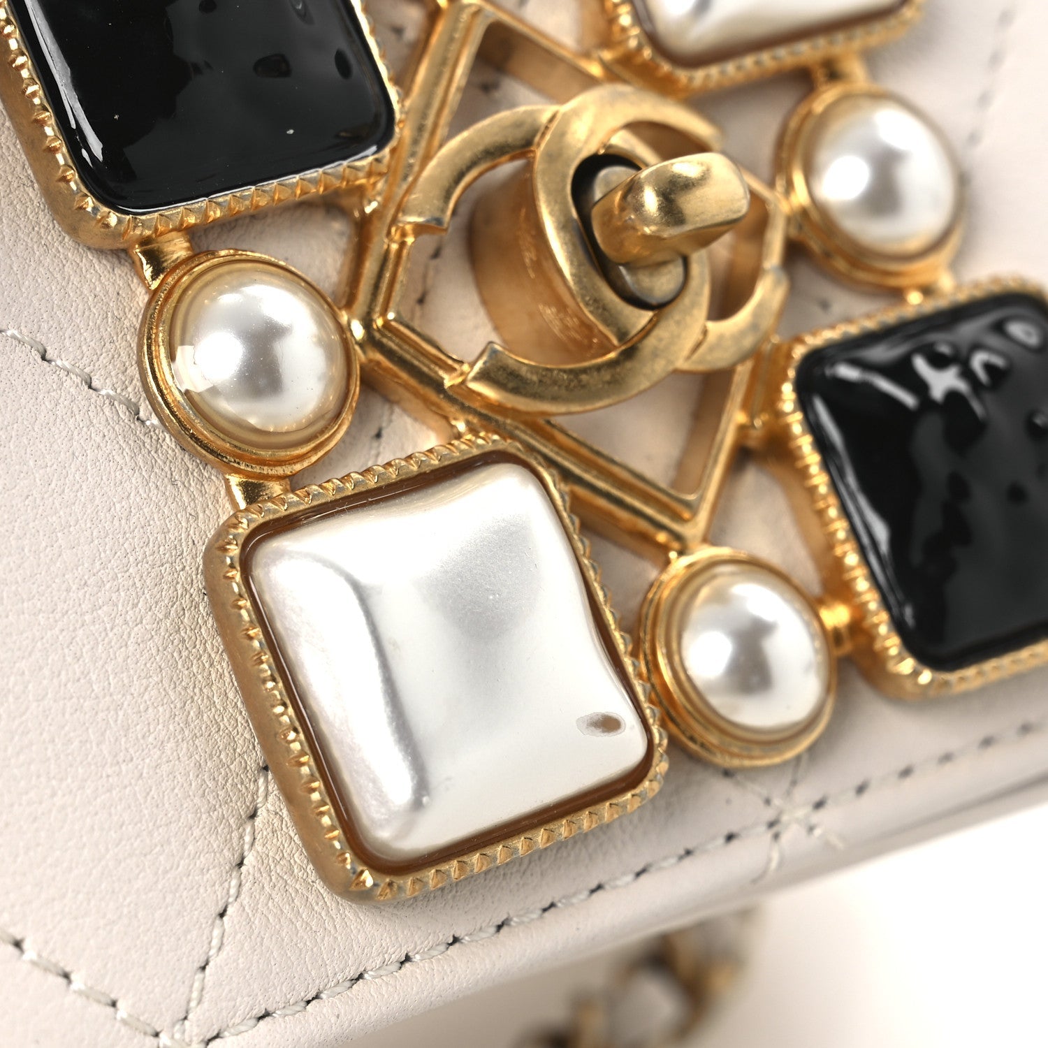 Calfskin Quilted Crystal Pearl Mini Flap Bag White