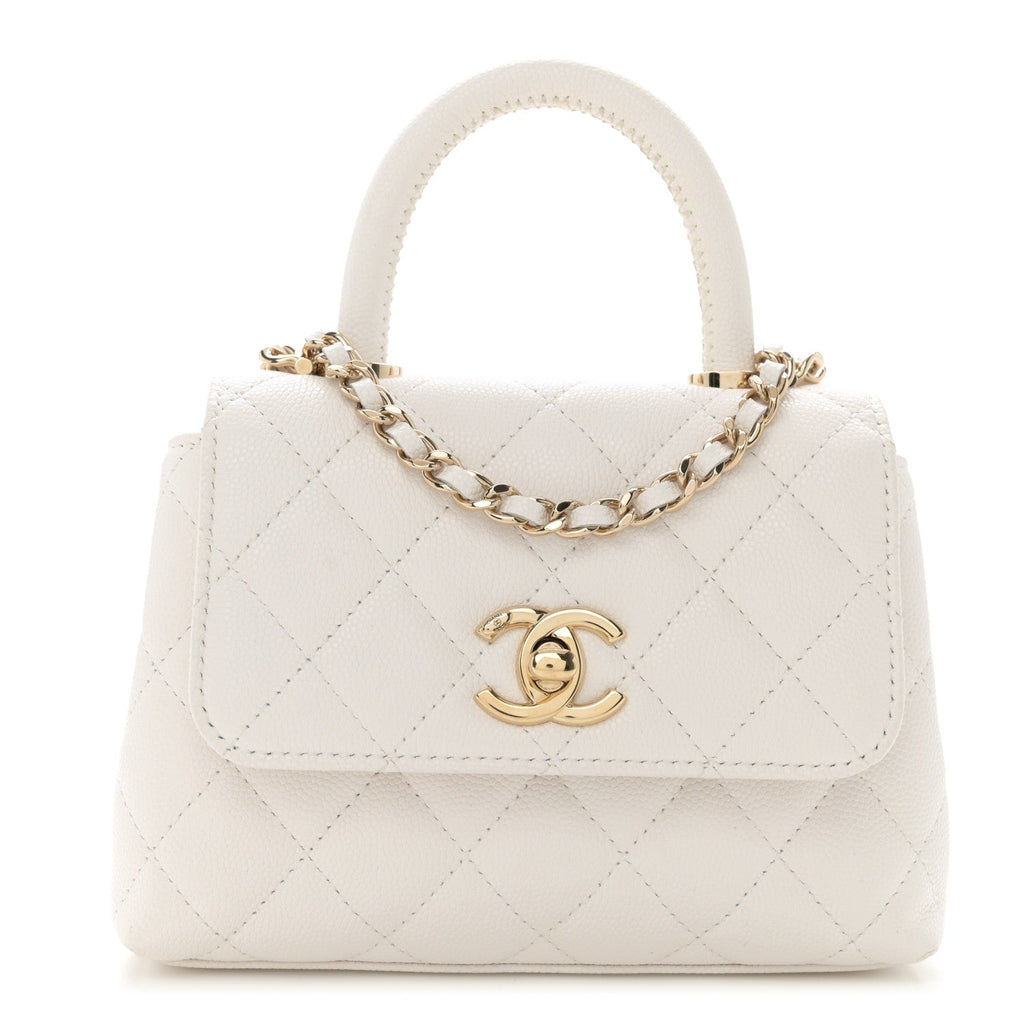 Caviar Quilted Coco Handle Clutch With Chain White